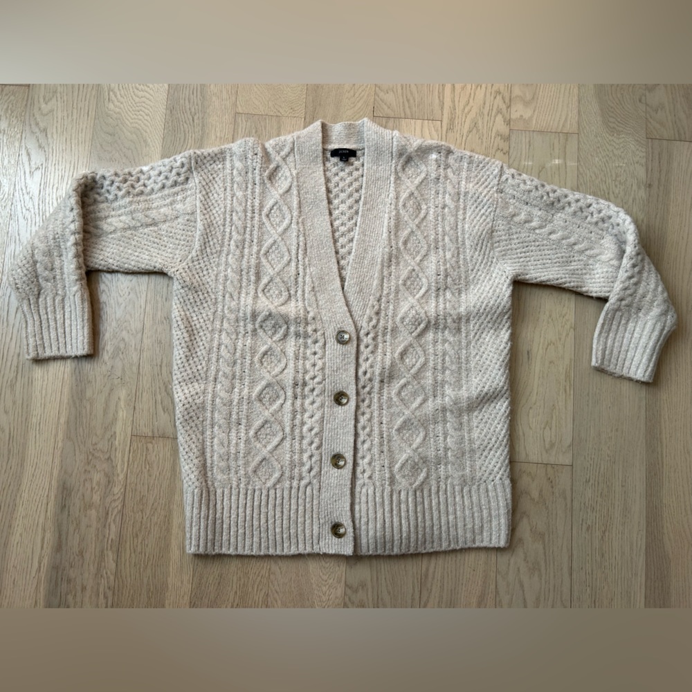 Like-New J.Crew Oatmeal Cable Knit Stretch Wool Cardigan Size L